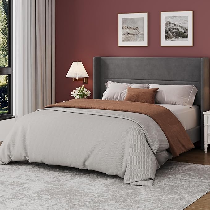 Garvee Queen Size Bed Frame with Wingback Headboard, Velvet Upholstered Platform Bedframe with Wood Slats, No Box Spring Needed, Easy Assembly, Grey