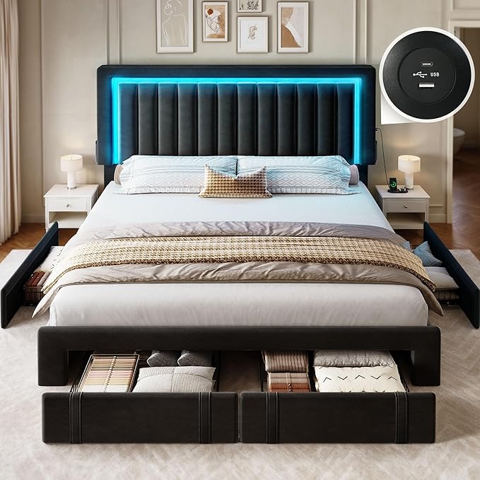 YITAHOME Queen Size Bed Frame with Adjustable Headboard, 4 Storage Drawers and RGB LED Lights, Velvet Upholstered Platform Bed with USB Ports, No Box Spring Needed, Fast Assembly, Noise-Free, Black