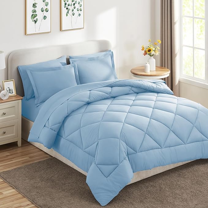 CozyLux Queen Comforter Set Baby Blue - Bed in a Bag Queen Size 7 Pieces, Luxury Soft Bed Set for All Seasons, Bedding Set with Down Alternative Comforter, Sheets, Pillowcases & Shams