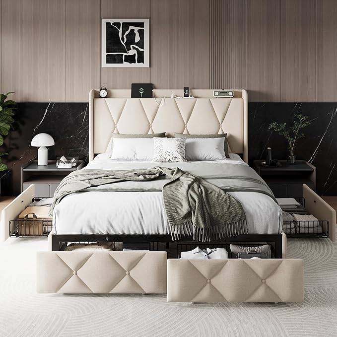 Einhomn Queen Bed Frame with 4 Storage Drawers and Charging Station, Upholstered Platform Bed Frame with Storage Headboard, No Box Spring Needed, Easy Assembly, Beige