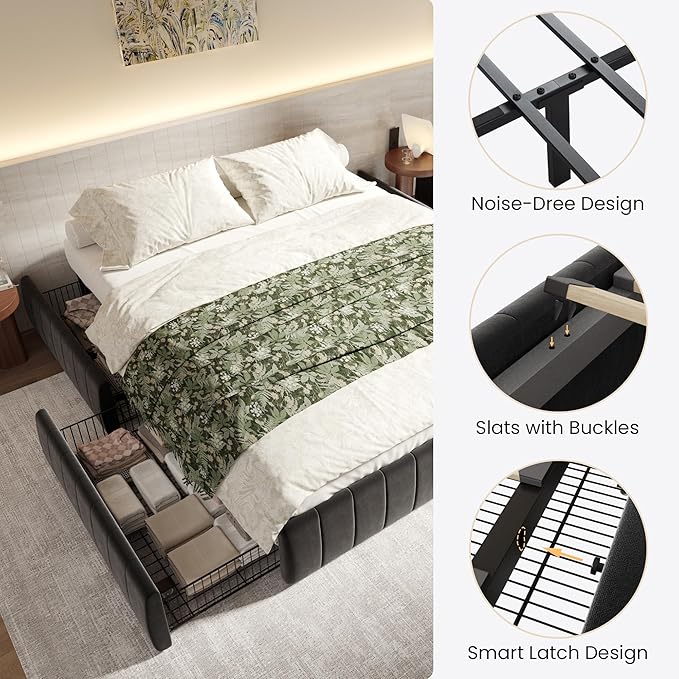 SHA CERLIN King Size Velvet Upholstered Platform Bed Frame with 4 Storage Drawers, Vertical Channel Tufted, Low Profile, Fits Standard Headboards, Wooden Slats Support, Easy Assembly, Black