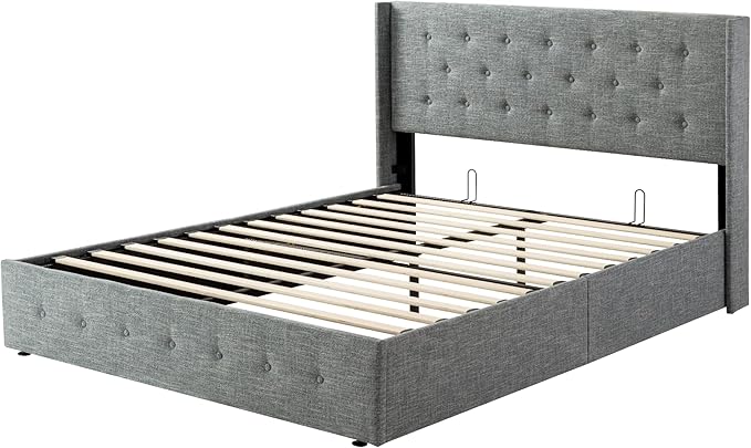 SHA CERLIN Full Size Lift Up Storage Bed Frame,Button Tufted Wingback Headboard,Upholstered Platform,Hydraulic Storage,Wooden Slat Support,No Box Spring,Grey Blue