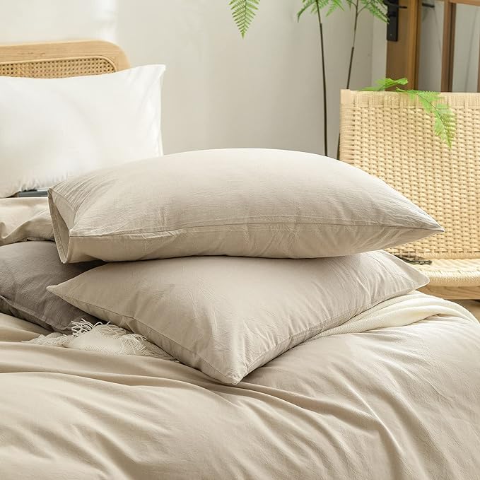 BESTOUCH Duvet Cover Set 100% Washed Cotton Linen Feel Super Soft Comfortable Chic Lightweight 3 PCs Home Bedding Set Solid Almond Milk Grey Super King