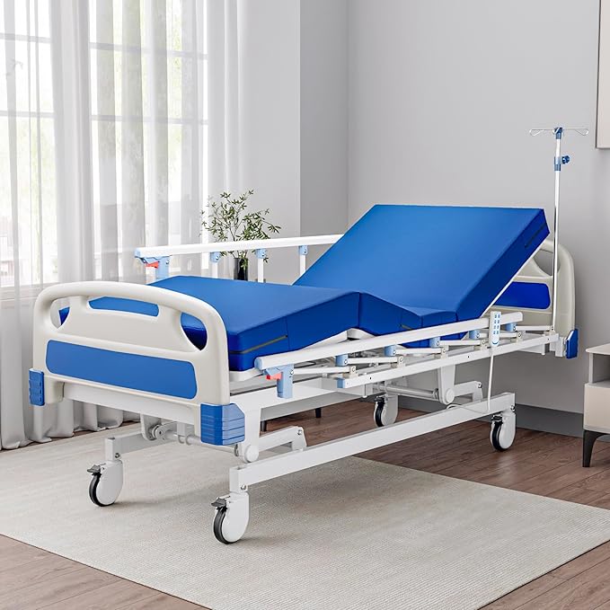 Premium Full Electric Hospital Bed for Home Use, 5 Function Medical Bed with 4.7” Foam Mattress, Height Adjustable, Individual Locking, Includes Tray and Sheets (2X)