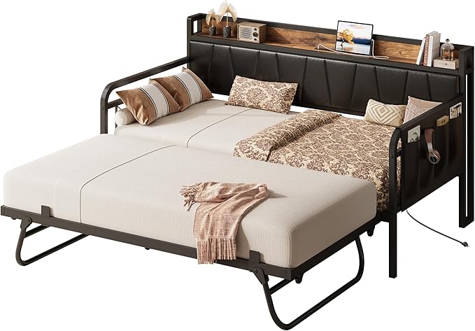 LIKIMIO Twin Daybed, Day Bed with Trundle, Storage Upholstered Headboard and Charging Station, Trundle Bed with Strong Supports for Living Room, Bedroom, and Guest Room, Black