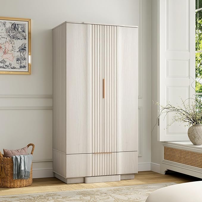 Yechen 67" Fluted Armoire Wardrobe Closet Set of 2 with Doors and Drawer, Wooden Wardrobe Closet Cabinet with Adjustable Shelve, Modern Small Armoires Storage Clothes, Coats for Bedroom, White, 2pcs