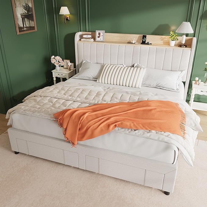 Garvee Upholstered Bed Frame King Size with Storage Headboard and Charging Station, Platform Bed Frame with Drawers, Heavy Duty, No Box Spring Needed, Easy Assembly, Beige