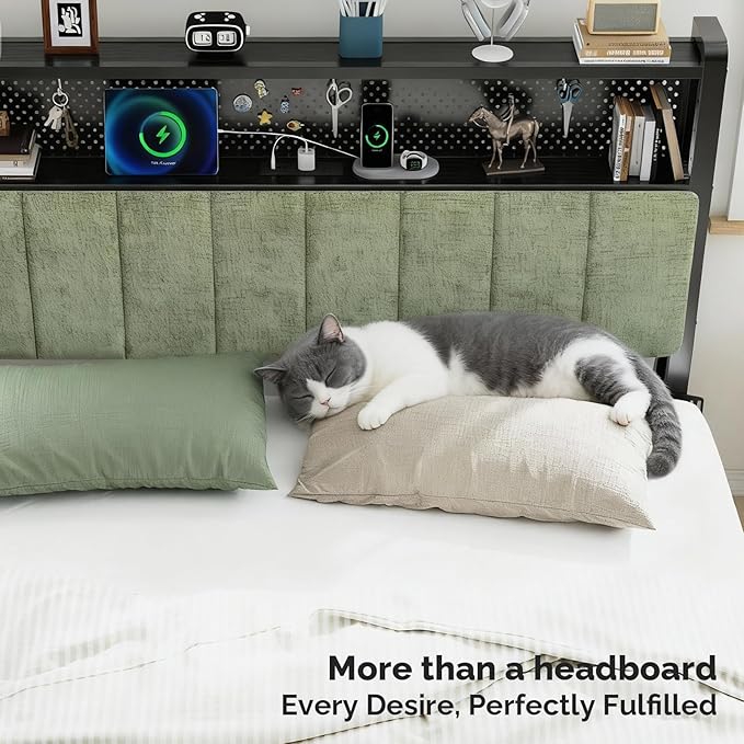 VINGLI Sage Green Queen Size Headboard for Bed with Storage, Upholstered Head Board with Charging Stations and LED Lights, 2 Tier Shelves and Pegboard,Height Adjustable