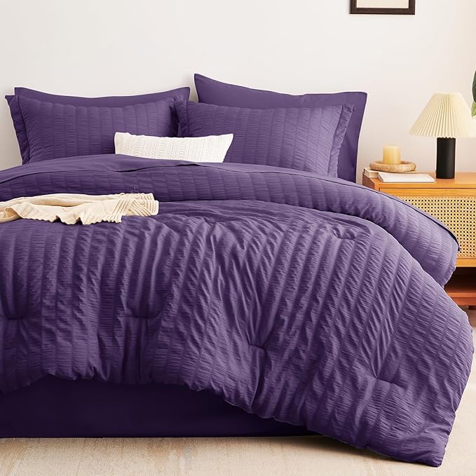 CozyLux Full Size Comforter Sets with Sheets 7 Pieces, Purple Seersucker Bed in a Bag Textured Luxury Soft Bedding Sets with Down Alternative Comforter, Sheets, Pillowcases & Shams for All Seasons