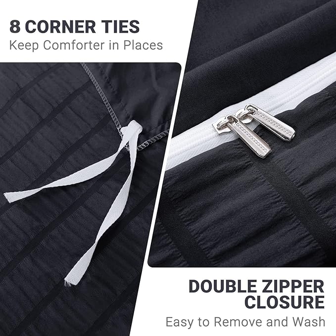 HYMOKEGE Black Duvet Cover King Size, Ultra Soft 3-Piece Seersucker Duvet Cover Set with Zipper Closure, Soft Brushed Microfiber Bedding Set with 8 Corner Ties (104"x90", 2 Pillowshams)