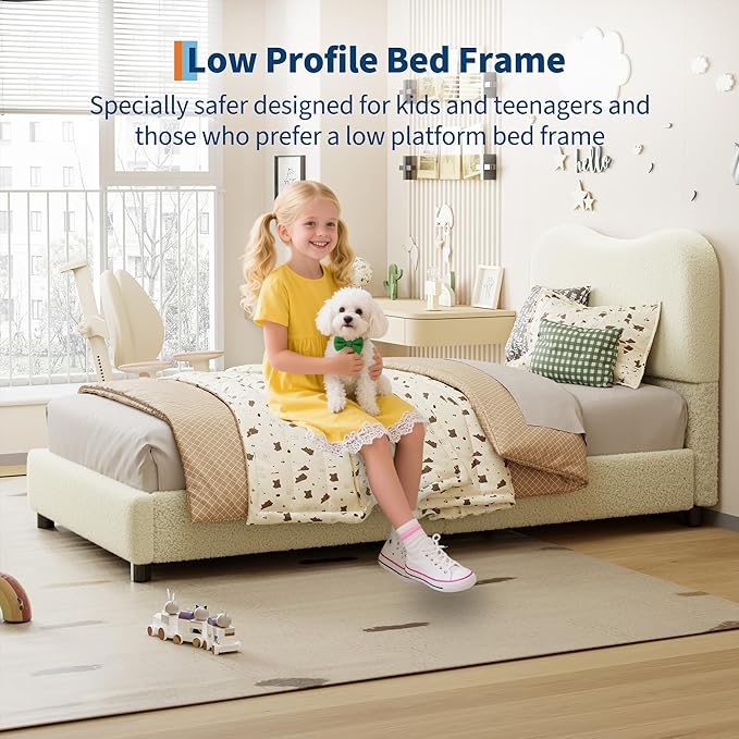 GarveeHome Boucle Full Size Bed Frame with Upholstered Headboard, Soft Low Profile Sturdy Platform Bed with Rounded Corners Design, Heavy Duty, Wooden Slats, Noise Free, No Box Spring Needed, Beige