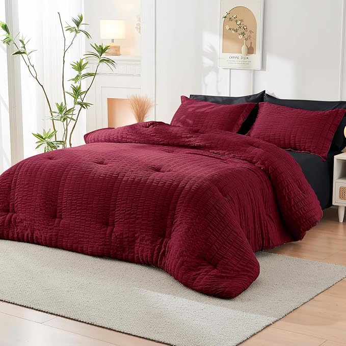 HYMOKEGE Red & Black Queen Comforter Set Seersucker 7 Pieces, All Season Luxury Bed in a Bag for Bedroom, Bedding Set with Comforters, Sheets, Pillowcases & Shams