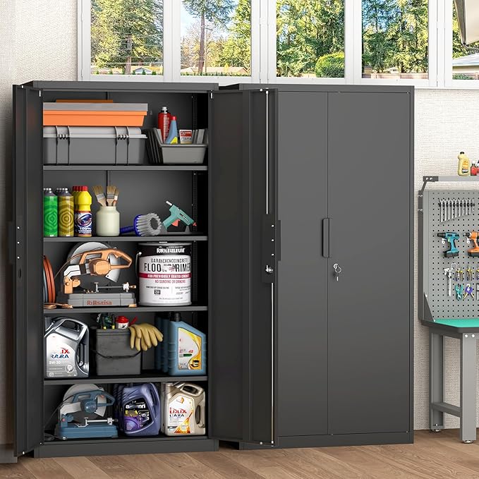 IRONFFICE 72" H Metal Garage Cabinet,Metal Lockable Storage Cabinet with 2 Doors, Locking Tall Garage Storage Cabinets with Adjustable Shelves,Tool Cabinets for Home Office,Gym,School (Black)