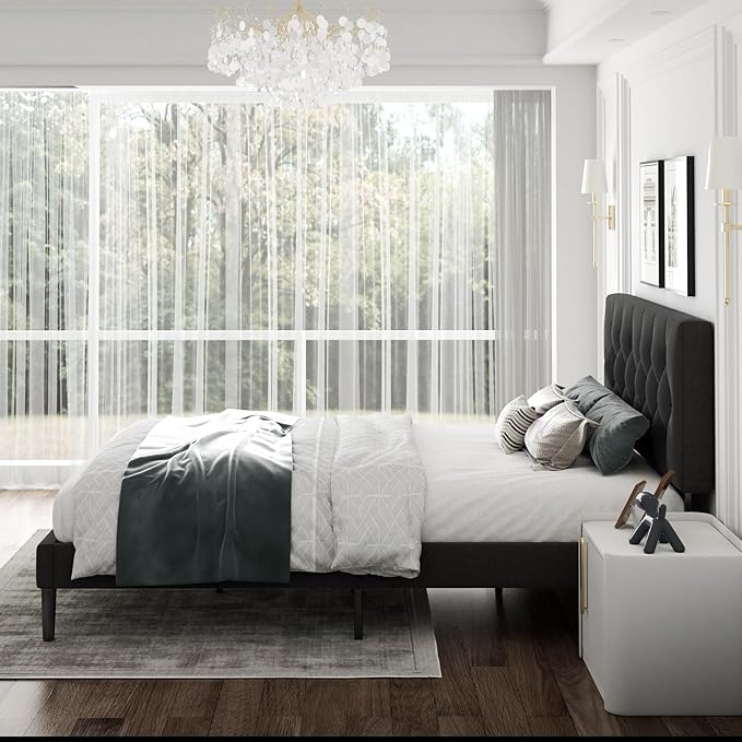 CXVX Queen Size Platform Bed Frame with Upholstered Headboard, Button Tufted Design, Strong Wooden Slats, No Box Spring Needed, Easy Assembly, Noise Free