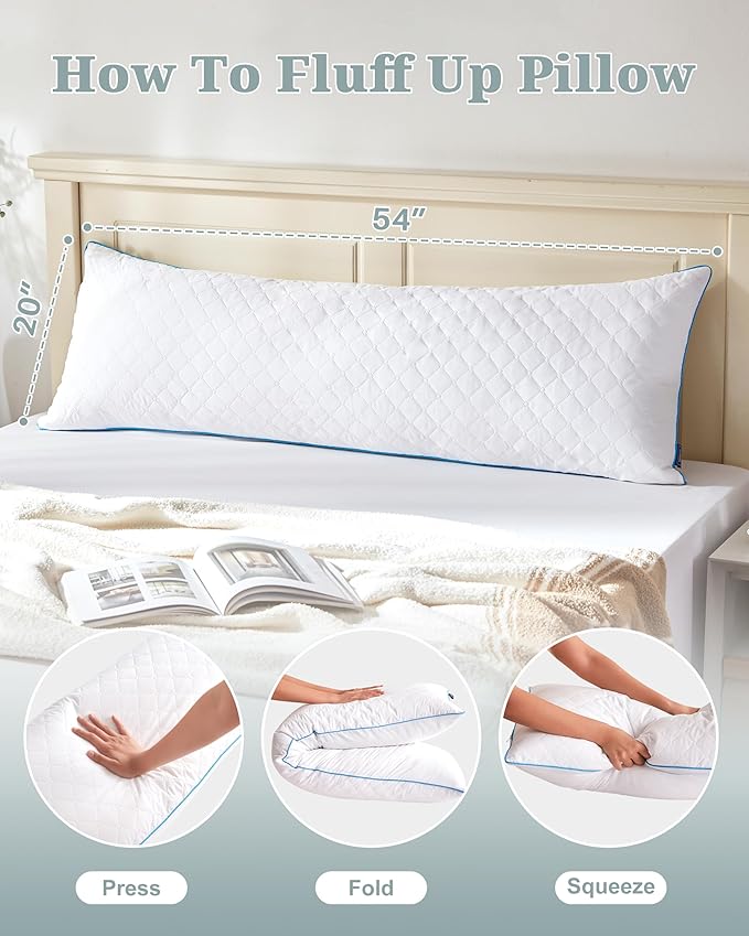 YZ HOME Long Body Pillow for Adults, Firm Body Pillow Shredded Memory Foam, Adjustable Height,Support for Side Sleeping & Pregnant Women(White, 20x54 Inch)