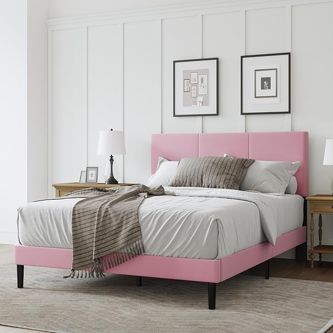 Full Size Bed Frame with Headboard, Velvet Upholstered Platform Bed Frame, Sturdy Slatted Support for Springless Mattresses, Silent Operation, Easy to Assemble, Pink