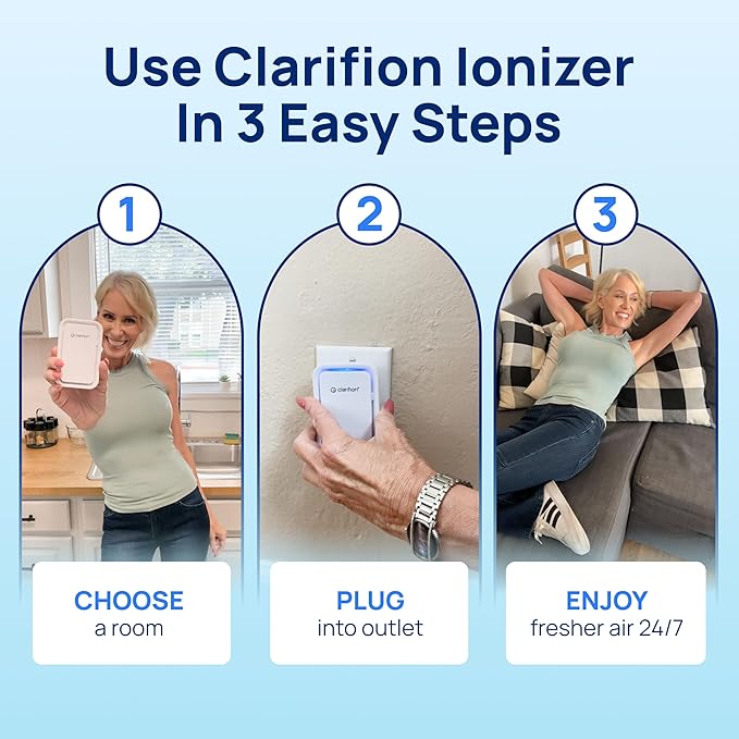 Clarifion - Air Ionizers for Home (3 Pack), Negative Ion Filtration System, Quiet Air Freshener for Bedroom, Office, Kitchen, Portable Air Filter Odor, Smoke Dust, Pets, Eliminator, Mini Air Cleaner