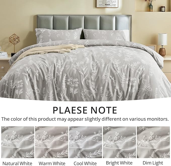 MUXHOMO Duvet Cover Full Size, Reversible Floral Silver Gray Duvet Cover Set with Zipper Closure, 3 Pieces Botanical Patterns Soft Microfiber Bedding Set with 4 Ties (80"x90", 2 Pillow Cases)