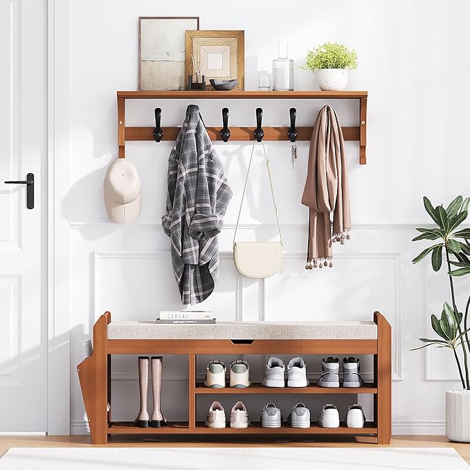 PETKABOO 39.4" Bamboo Shoe Rack Bench with Coat Rack, 3-Tier Entryway Bench with Thick Cushion, Flip-Top & Side Baskets, Holds Up to 550 LBS for Hallway, Living Room, Bedroom