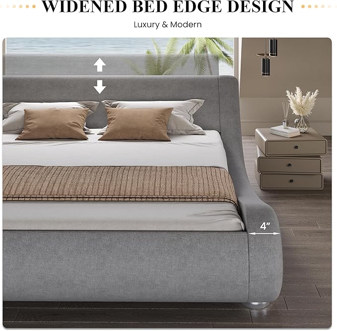 SHA CERLIN Full Size Upholstered Bed Frame, Deluxe Low Profile Sleigh Bed with Linen Ergonomics Headboard, No Box Spring Needed & Easy Assembly, Grey