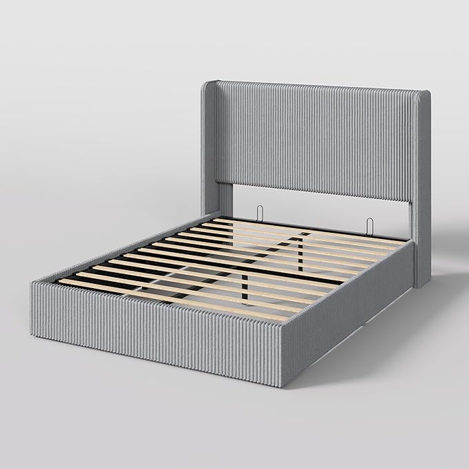 SHA CERLIN Queen Size Lift Up Storage Bed Frame, Modern Upholstered Wingback Headboard, Hydraulic Support & Underneath Storage, Soft Corduroy Fabric Platform Bed, No Box Spring Needed, Light Grey