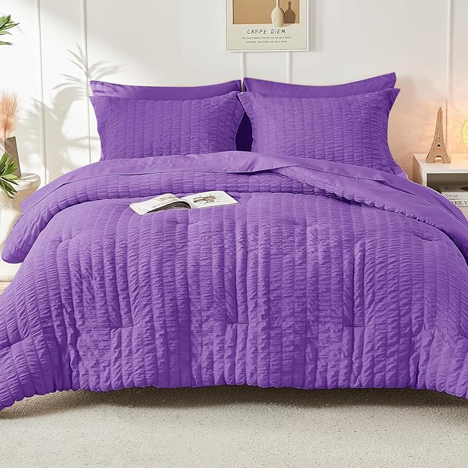 HYMOKEGE Bright Purple California King Comforter Set Seersucker 7 Pieces, All Season Luxury Bed in a Bag for Bedroom, Bedding Set with Comforter, Sheets, Pillowcases & Shams