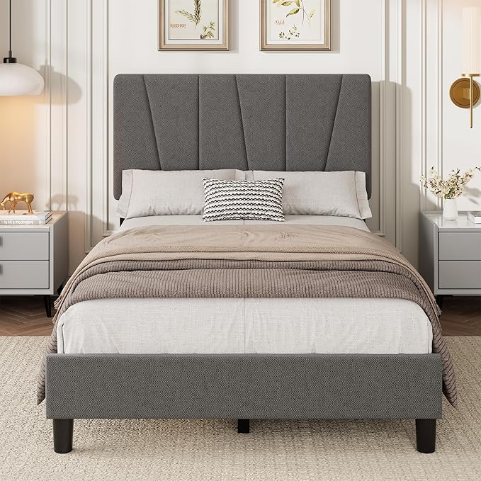 Twin Size Platform Bed Frame for Kids, Linen Upholstered Headboard & Wooden Slats Support, Noise-Free Mattress Foundation/No Box Spring Needed/Easy Assembly, Boys Girls Bed,Bedroom Furniture