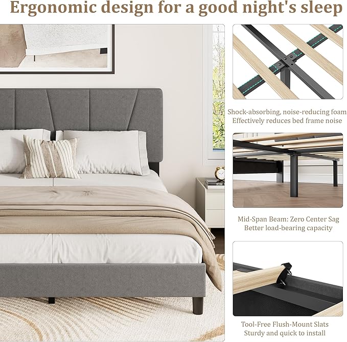 Full Size Upholstered Platform Bed Frame with Adjustable Headboard, Fits 8-14 Inch Mattress, Heavy Duty Bed Frame with Wooden Slats Support, Noise-Free, Non-slip, No Box Spring Needed, Easy Assembly
