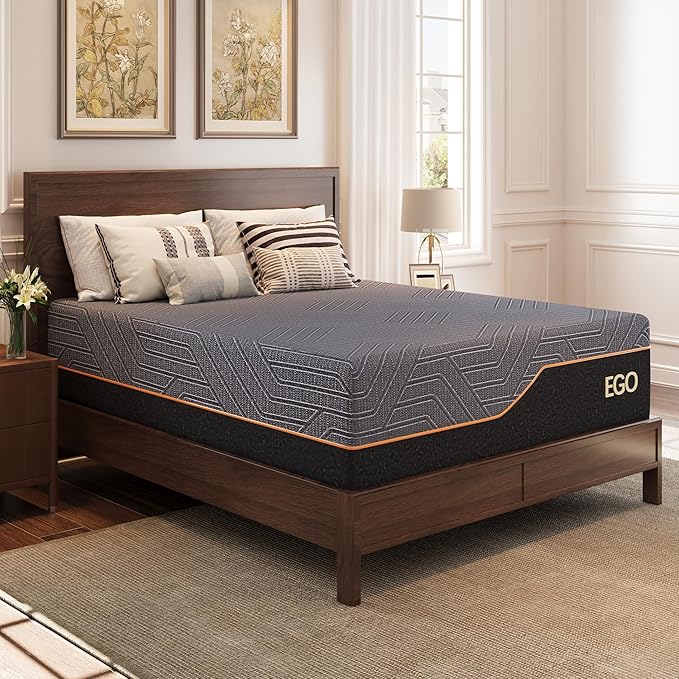 EGOHOME 14 Inch Queen Mattress, Copper Gel Memory Foam Mattress for Pain Relief, Therapeutic Mattress in a Box, CertiPUR-US Certified, Fiberglass Free Medium Mattress, Black