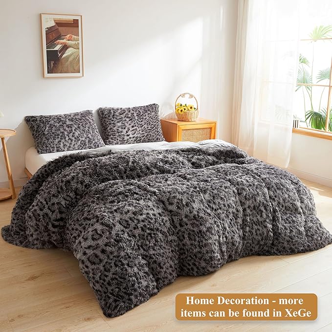 XeGe 20x54 Fluffy Leopard Print Body Pillow Cover, Cheetah Print Plush Fuzzy Faux Fur Body Pillowcase with Zipper, Farmhouse Shaggy Furry Long Pillow Cover for Women Side Sleeper, Light Grey
