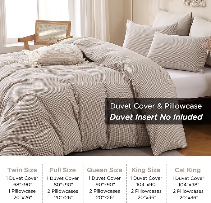 TOCOMOA Mini Gingham Tan Duvet Cover Bedding Set 100% Washed Cotton Like Linen Feel Super Soft Comfy 3 Piece Brown Small Plaid Checkered Comforter Cover Set (Queen 90"x90", Comforter Not Included)