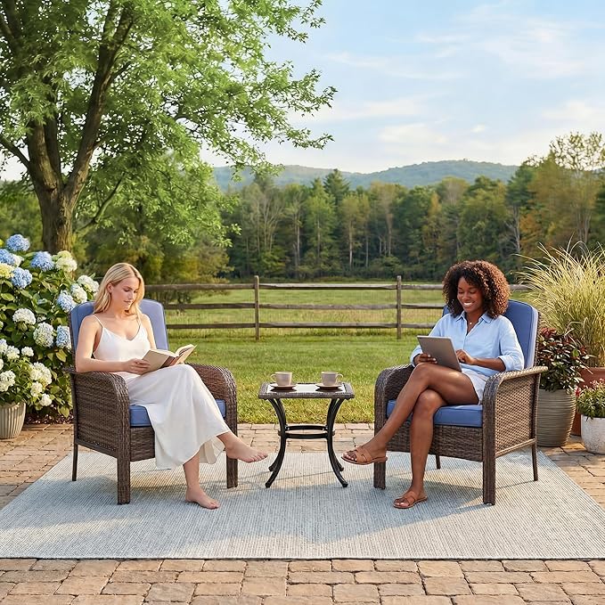 GarveeHome Outdoor Wicker Chairs Set of 2, All-Weather High Back Rattan Patio Furniture, 2-Piece Conversation Set with Comfy Cushions for Porch, Deck, Brown, Blue Cushion