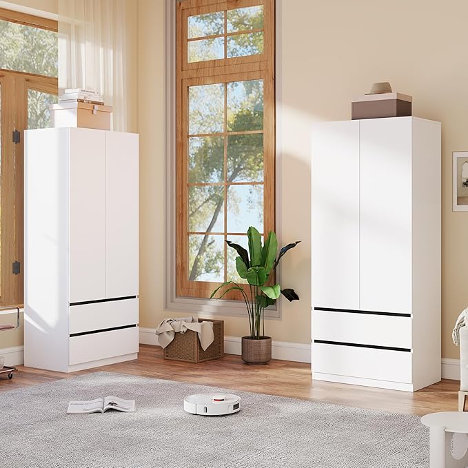 Armoire Wardrobe Closet with Drawers:75" Large White Wardrobe Closet Cabinet with 4 Doors for Hanging Clothes, Modern Wooden Bedroom Armoires with 4 Drawers and Storage (A+A, 63")