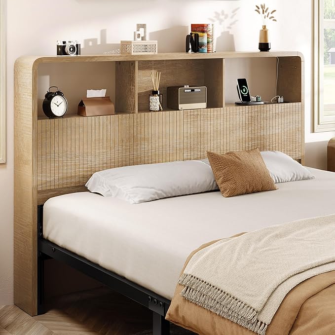 Headboard Queen Size, 63" Wide Wooden Queen Headboard Only, Modern Farmhouse Head Board with Outlets & USB Ports, Wall Mounted Headboards with Color-Changing LED Lighting, Natural