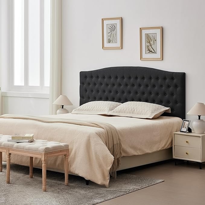 Tufted Upholstered Tall Headboard King Size, Sturdy and Durable Solid Wood Bed headboards, Comfortable Linen Fabric King Headboard Only, Modern Luxury Button Diamond Design Head Board, Black
