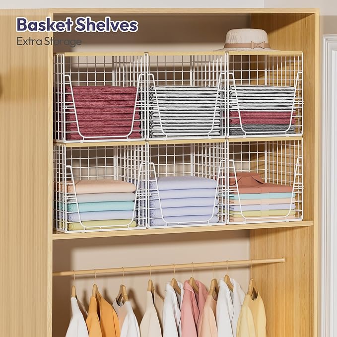 SWTYMIKI 3PCS Closet Organizers and Storage - Stackable Closet Basket with Wood Top Shelf, Clothes Storage Shelves, Clothes Drawer Bins for Wardrobe, Bedroom, Entryway, White