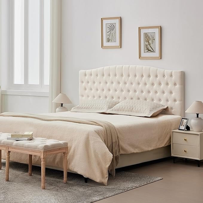Tufted Upholstered Tall Headboard King Size, Sturdy and Durable Solid Wood Bed headboards, Comfortable Linen Fabric King Headboard Only, Modern Luxury Button Diamond Design Head Board, Beige