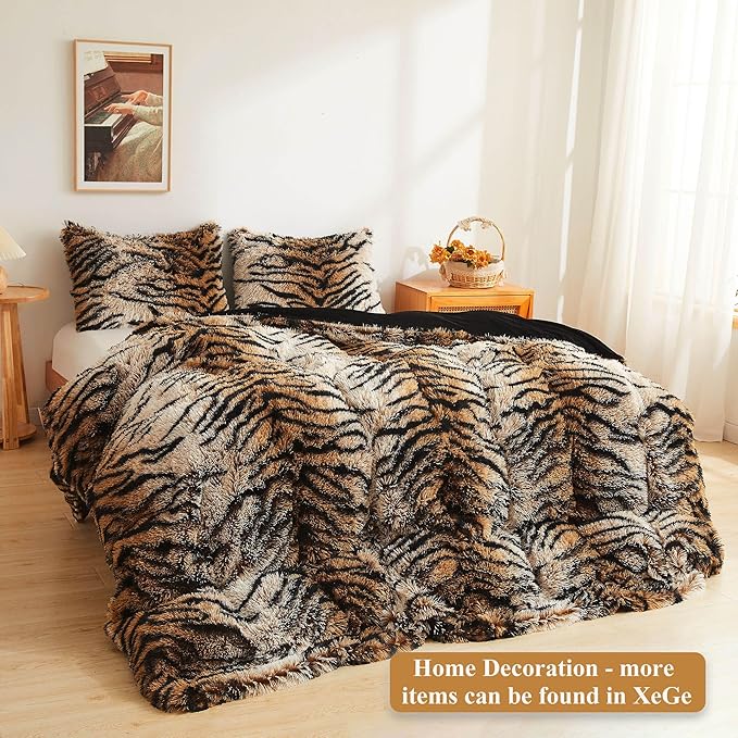 XeGe 20x54 Fluffy Body Pillow Cover, Tiger Print Plush Fuzzy Faux Fur Body Pillowcase with Zipper, Rectangular Shaggy Furry Long Pillow Cover for Pregnant Women Side Sleeper, Tiger Print Brown