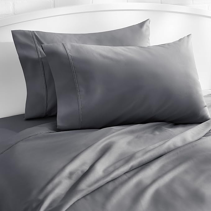 Amazon Basics 400 Thread Count 100% Cotton Pillow Cases, Sateen Weave, King, Dark Gray, 40" x 20", Set of 2, Pillows Not Included