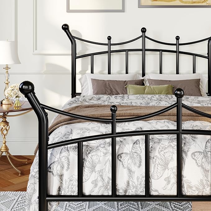 Allewie 14 Inches Twin Size Metal Platform Bed Frame with Elegant Crown Iron-Art Headboard & Footboard, Sturdy Mattress Foundation with Under-Bed Storage, Easy Assembly, No Box Spring Needed, Black