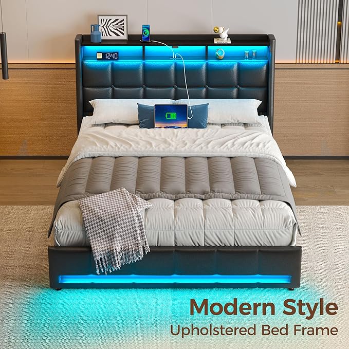 Rolanstar Full Size Bed Frame with LED Lights and Charging Station, Upholstered Headboard with 2-Tier Storage Shelves, Heavy Duty Metal Frame, Noise-Free Support, Easy Assembly, No Box Spring Needed