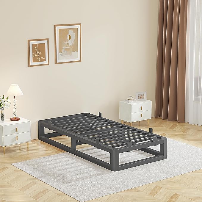10 Inch Twin Bed Frames with Rounded Corner and Squeak Free U-Slot Design, Metal Platform Bed Frames 6 Non-Slip Guards, 3500lbs Heavy Duty Steel Slat Support, No Box Spring Needed, Black