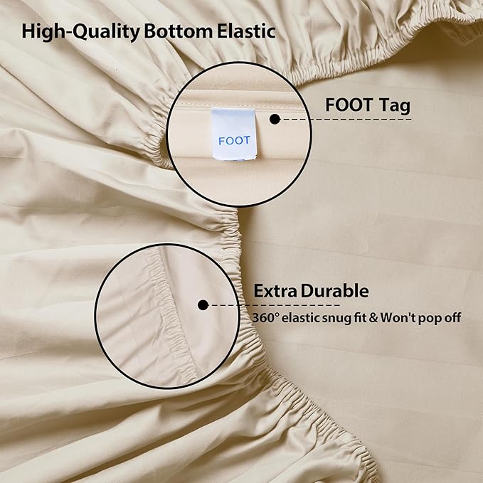 2-Pack Pure Cotton Bottom Sheet Full Size, 600 Thread Count 16" Deep Pocket Egyptian Cotton Fitted Sheet (2-Pack, Full, Stripted Beige)