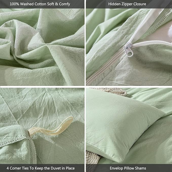 MooMee Bedding Duvet Cover Set 100% Washed Cotton Linen Like Textured Breathable Durable Soft Comfy (Heathered Seaglass Green, Queen 90"x90")