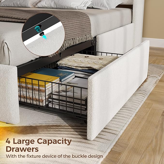 Rolanstar Full Size Bed Frame with LED Lights and Charging Station, Upholstered Bed Storage Headboard & Drawers, Heavy Duty Wood Slats, Easy Assembly, White