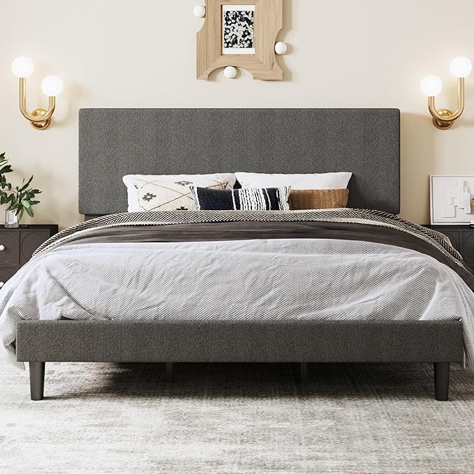 SHA CERLIN King Size Platform Bed Frame with Adjustable Headboard and Wooden Slats Support, Boucle Upholstered Mattress Foundation, No Box Spring Needed, Easy Assembly, Dark Grey