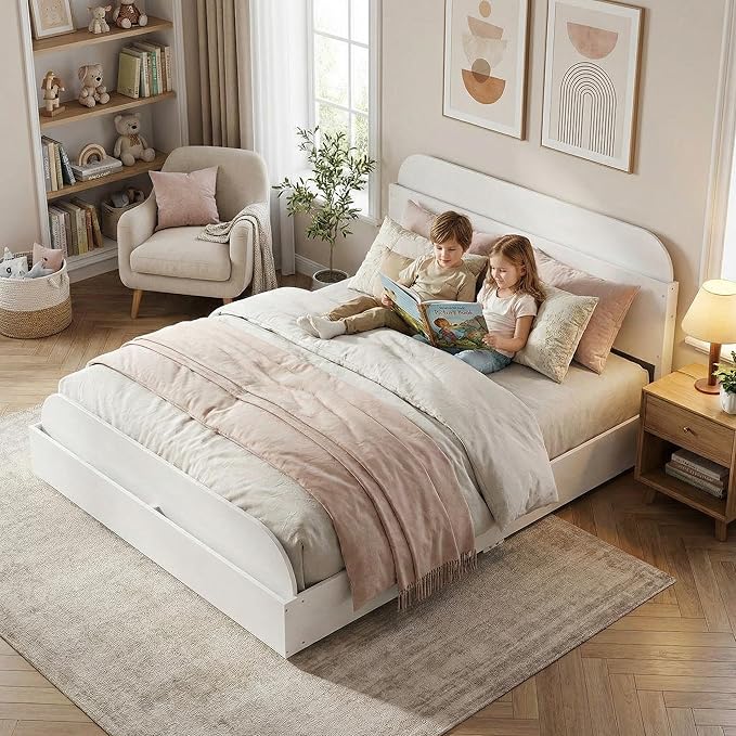 Garvee Queen Size Bed Frame with Storage Headboard and Raised Footboard – Wooden Queen-Floor Low Platform Bed for Bedroom, Heavy Duty & Noise Free, No Box Spring Needed, White