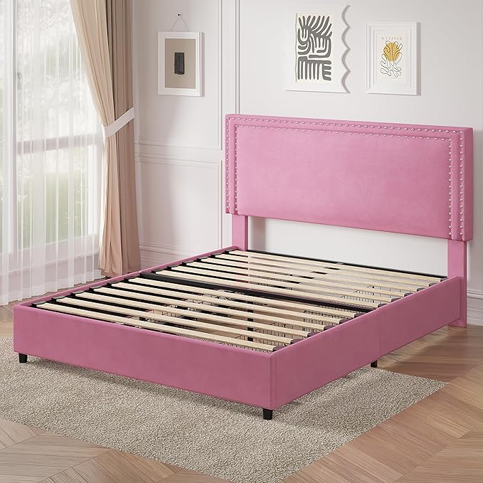 VECELO Full Size Upholstered Bed Frame with 4 Storage Drawers, Adjustable Velvet Rivet Decor Headboard, Wooden Slats Platform Support, No Box Spring Needed, Easy Assembly,Pink