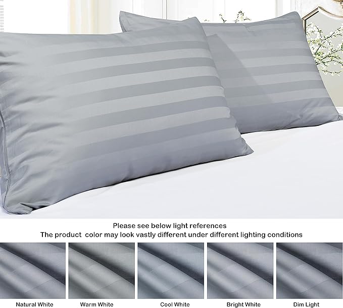 100% Egyptian Cotton Pillow Protectors Set of 2, 600 Thread Count King Size Bed Pillow Cases with Zipper, Sateen Weave Cooling Pillow Cases Quiet and Breathable Easy Care (2PCS, Striped Gray)