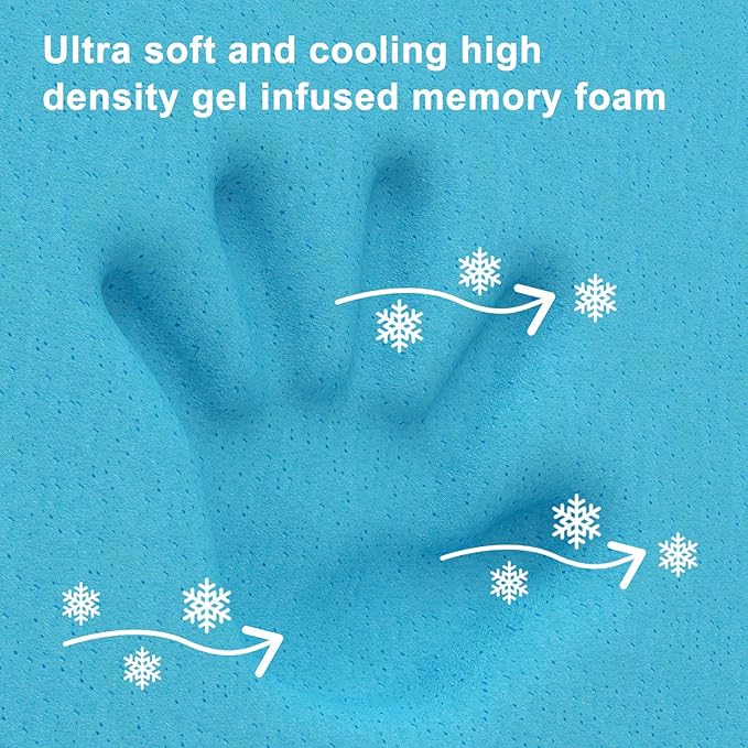 2"x27.5"x52" Mattress Topper, Ultra-Soft Gel-Infused Memory Foam, Odorless & Noiseless Water-Proof Surface, Detachable and Washable Outer Cover, Pure White & Blue